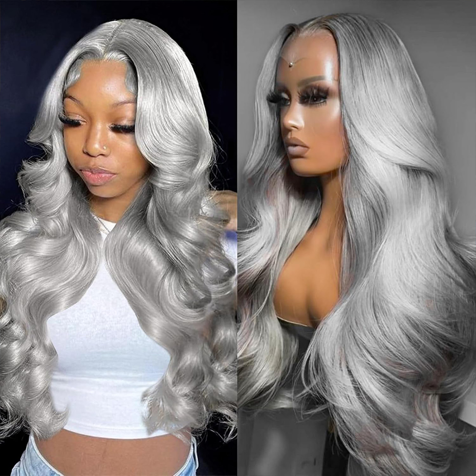 Hd Lace Frontal Wig Human Hair Pre Plucked - باروكة شعر بشري رمادي 13x6 HD