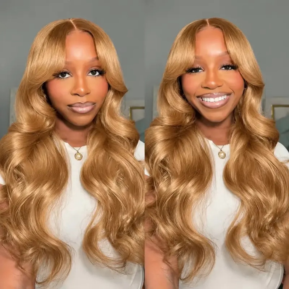 Lace Front Wigs - باروكة شعر طبيعي بلون العسل، مموجة،