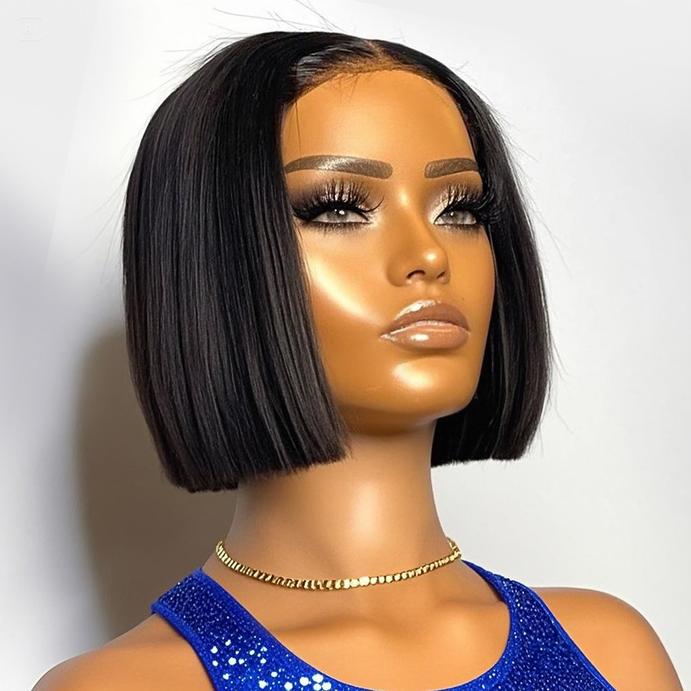 Hd Lace Frontal Wig Human Hair Pre Plucked - شعر مستعار بوب قصير مستقيم بكثافة