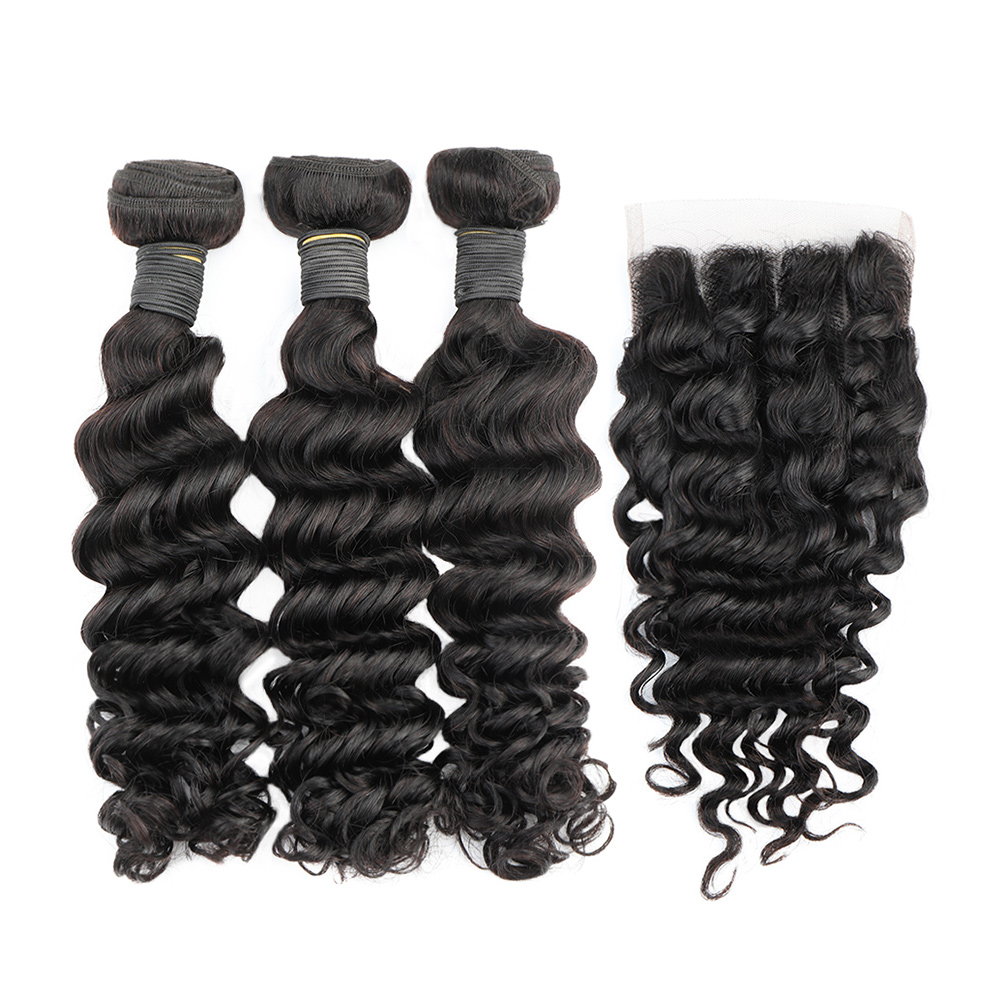 Deep Wave 3 Bundles With Closure - حزم مموجة عميقة بإغلاق ، شعر